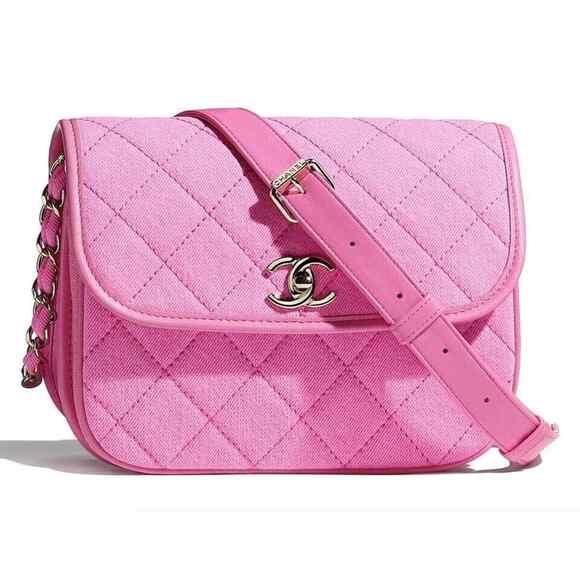 Chanel 21S Neon Pink Denim Small Messenger CC Logo Chain Shoulder Crossbody Bag - Picture 1 of 12